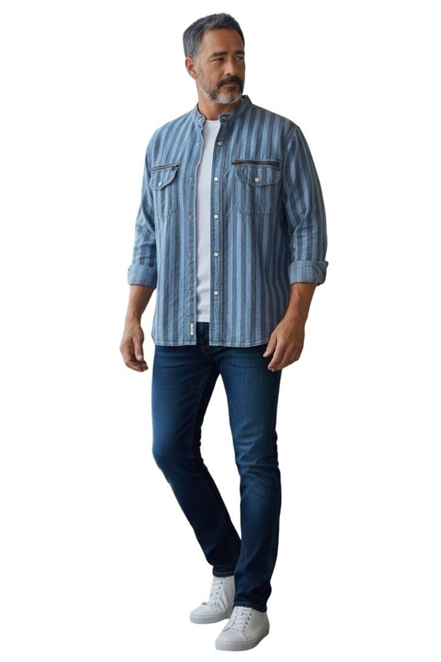 Guess Georges Marciano Vintage Blue Striped 100% Cotton Pearl Snap Top Shirt S